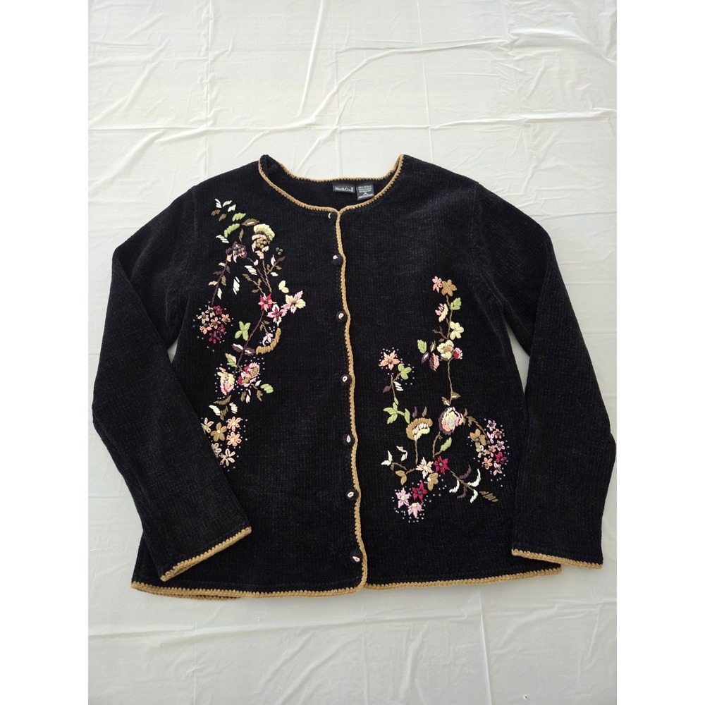 Vtg North Crest Chenille Embroidered Sweater Women's Small Button Front Cardigan